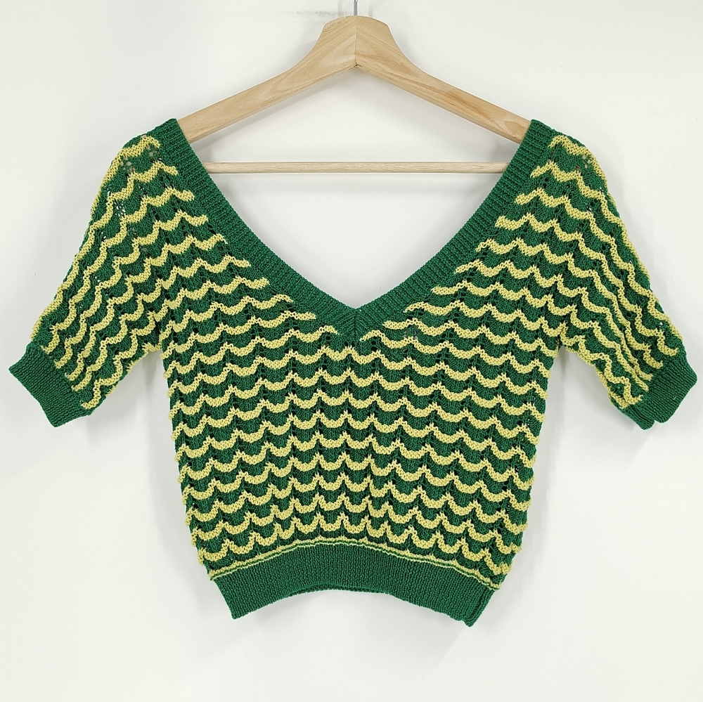 Zara Green and Yellow Knit V-Neck Crop Top